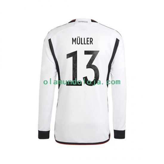 Camisola Alemanha Thomas Muller 13 Homem Equipamento Primeiro Copa do Mundo 2022 Manga Comprida